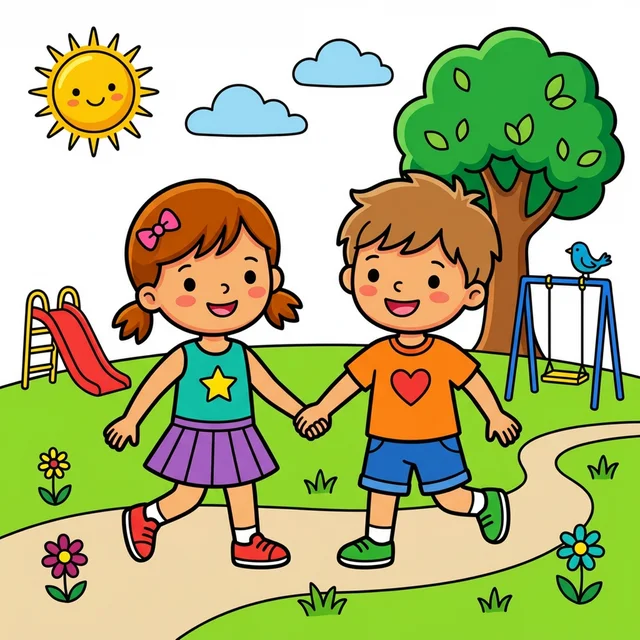 Two friends playing together in the park coloring page.
