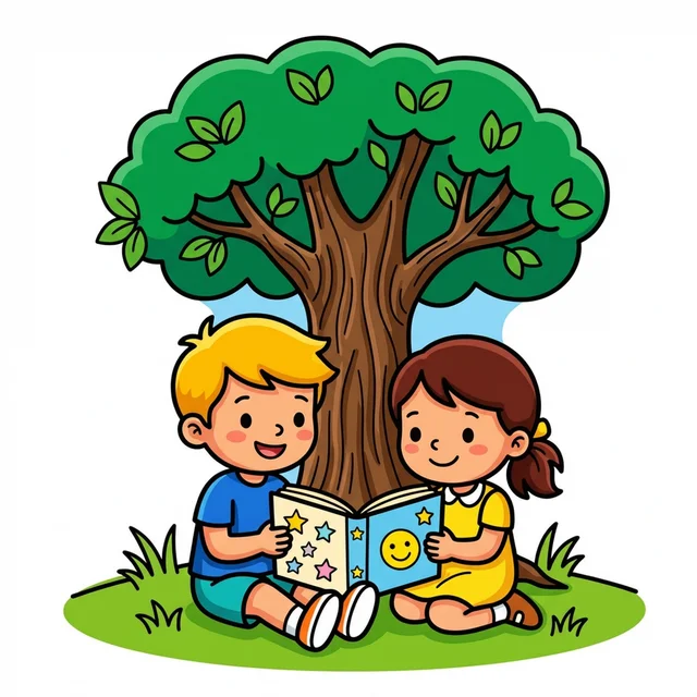 Two friends reading a book under a tree coloring page.