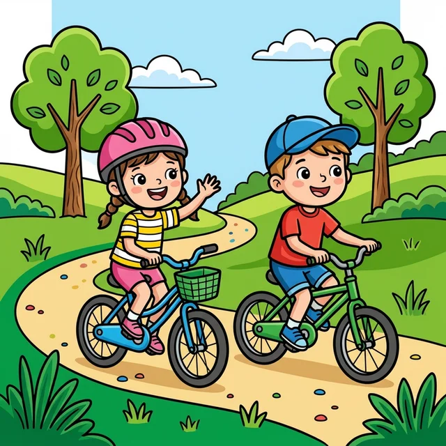 Two friends riding bicycles together coloring page.