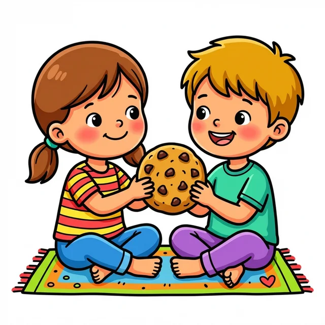 Two kids sharing a big cookie and smiling coloring page.