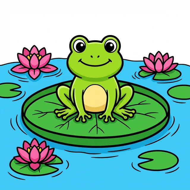 A frog sitting on a lily pad in a pond with water lilies coloring page.