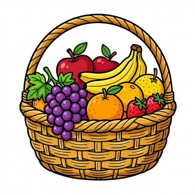 Basket of colorful fruits coloring page for kids