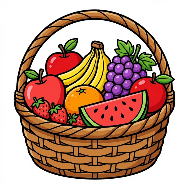 Basket full of colorful fruits including apples bananas grapes coloring page