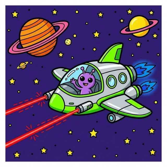 Cool futuristic spaceship flying through space with friendly alien coloring page for kids