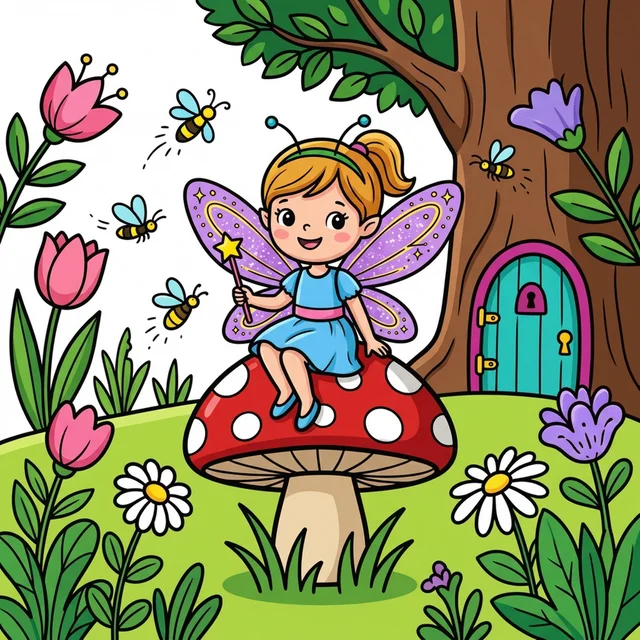 Fairy sitting on mushroom in enchanted garden coloring page