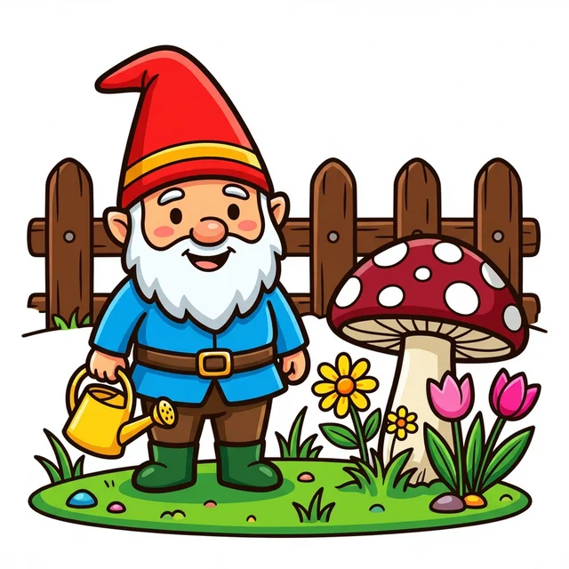 A garden gnome next to a toadstool with flowers coloring page.