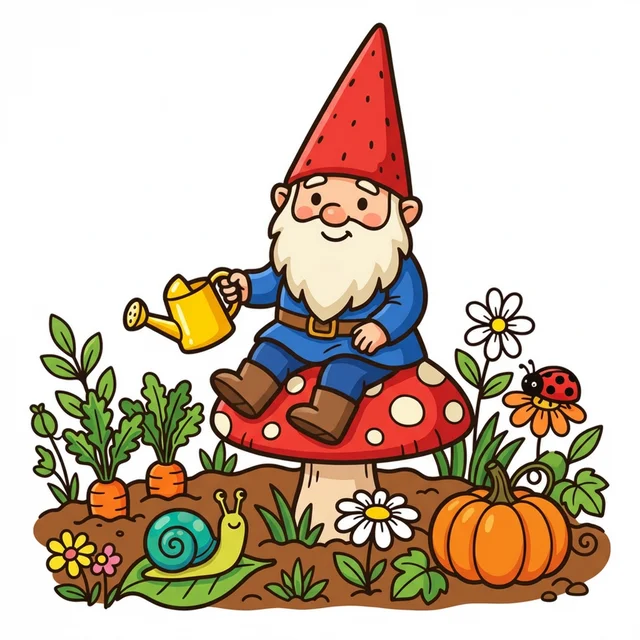 Garden gnome sitting on toadstool mushroom coloring page