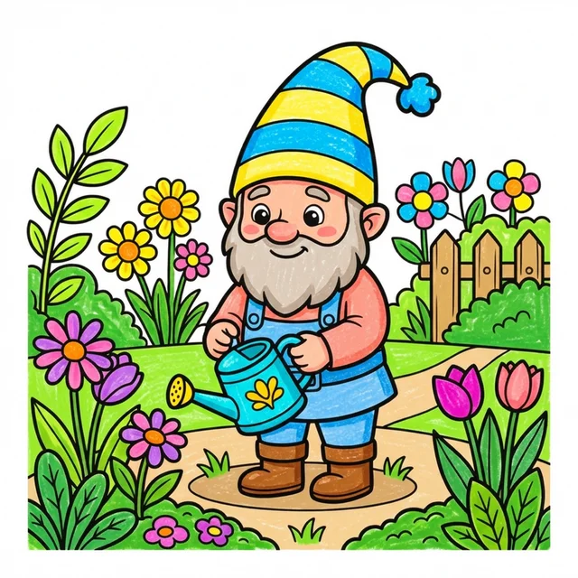 Cute garden gnome watering flowers coloring page for kids