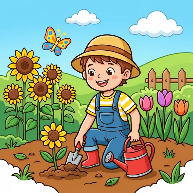 Kid gardener planting flowers coloring page