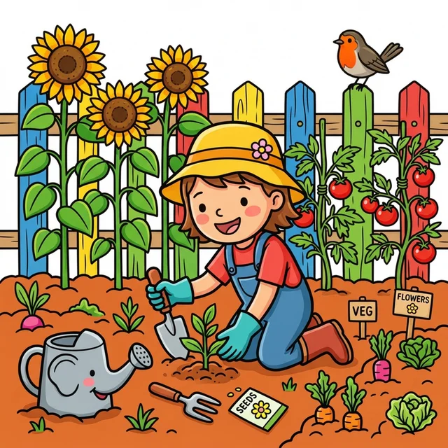 Kid planting flowers and vegetables in garden coloring page