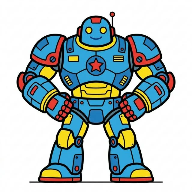 Cute cartoon giant heavy robot with big strong metal arms and thick legs standing like a superhero coloring page for kids — free printable