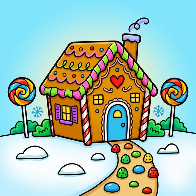 A gingerbread house with candy and frosting coloring page.