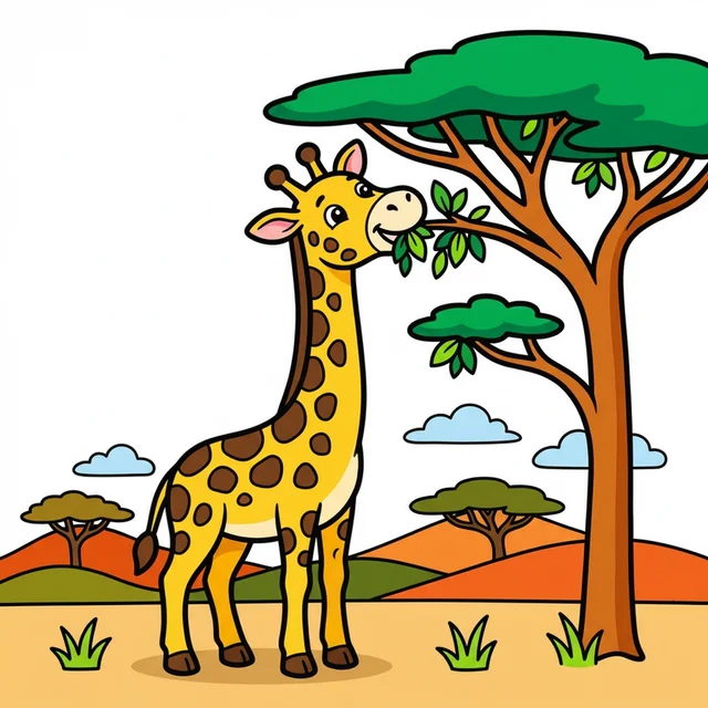 A giraffe eating leaves from a tall acacia tree coloring page.