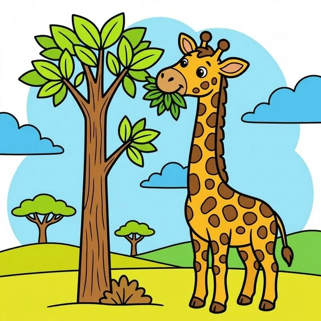 Giraffe eating leaves from tall tree in Africa coloring page for kids — free printable