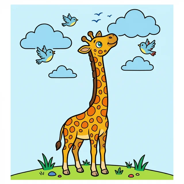 Tall giraffe reaching for clouds coloring page for kids