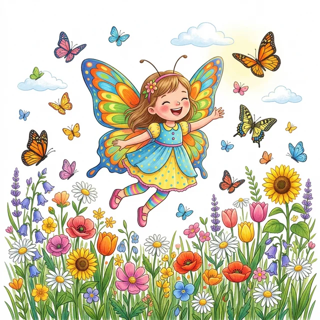 Girl with butterfly wings coloring page for kids