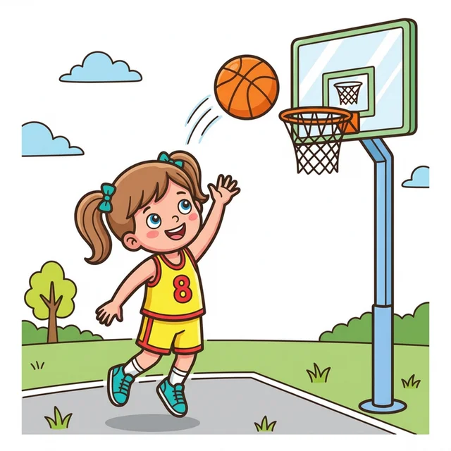 Girl shooting basketball into hoop coloring page for kids