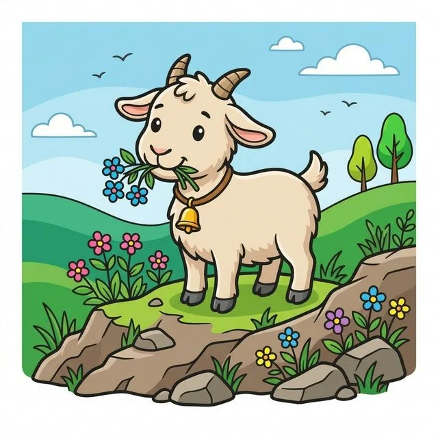 Goat on rocky hill eating flowers coloring page for kids — free printable