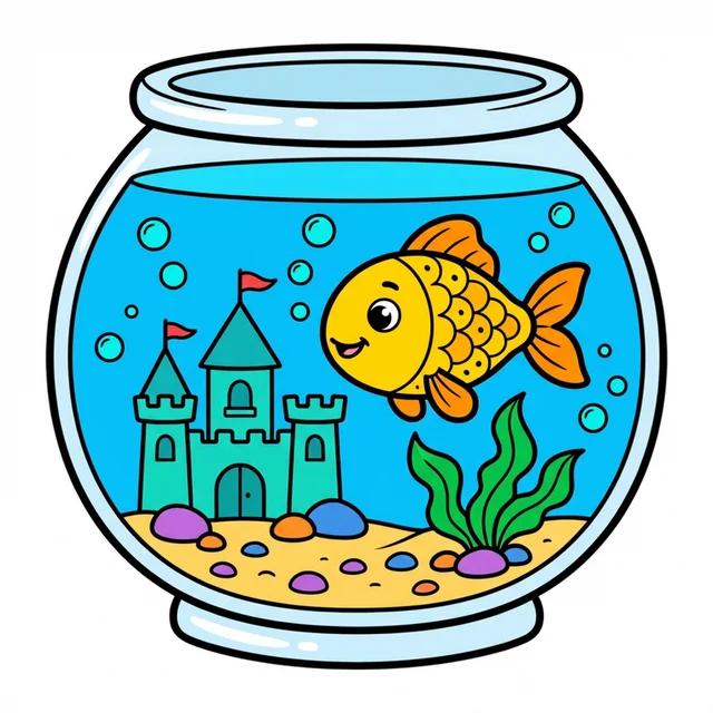 A goldfish swimming in a fish bowl with a castle coloring page.