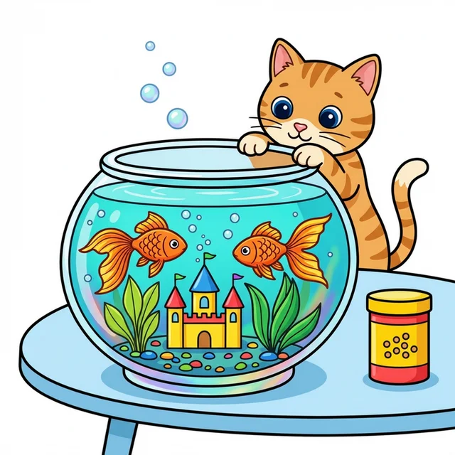 Goldfish in round bowl with cat peering at them coloring page