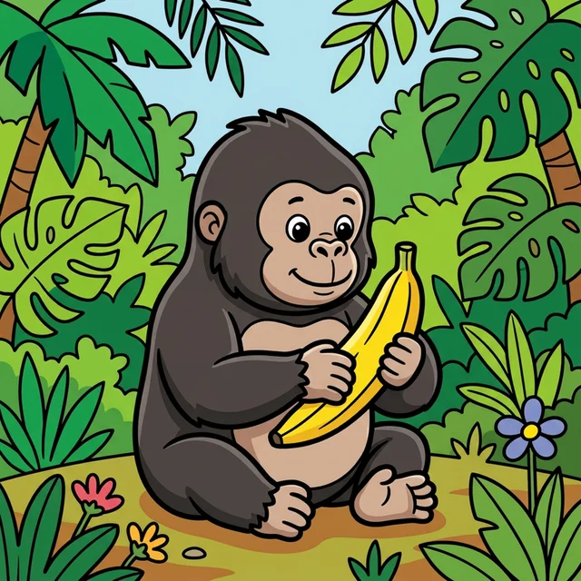 Cute baby gorilla holding banana in jungle coloring page for kids