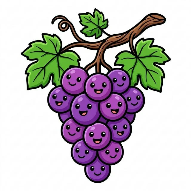 Bunch of grapes on vine coloring page for kids — free printable