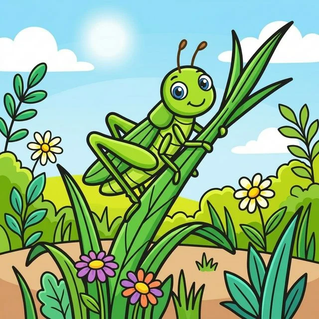 Grasshopper with big jumping legs on grass blade in meadow coloring page for kids — free printable