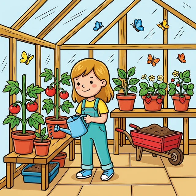 Kid watering plants inside glass greenhouse coloring page