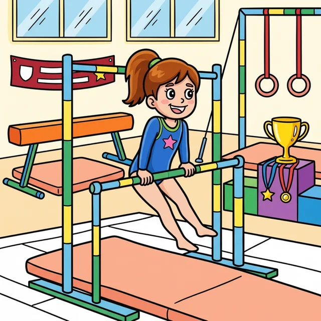 Kid gymnast on uneven bars in gymnasium coloring page