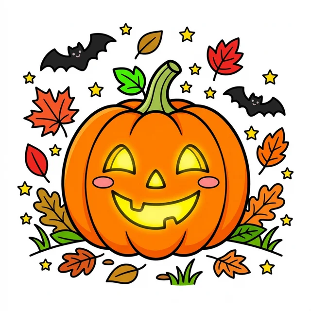 Smiling Halloween jack-o-lantern pumpkin with bats and leaves coloring page