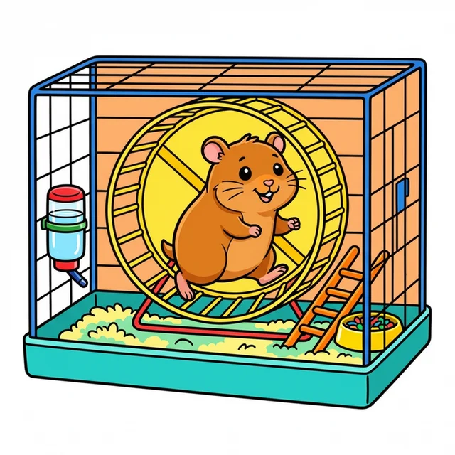 A hamster running on an exercise wheel coloring page.