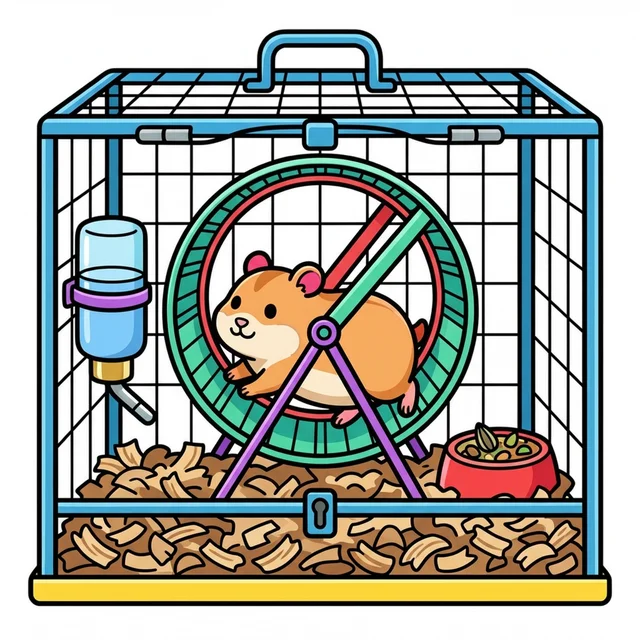 Cute hamster running in wheel cage coloring page