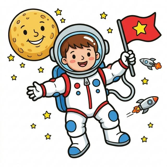 Cute happy astronaut floating in outer space holding a star flag with a smiling moon and tiny rocket ship coloring page for kids