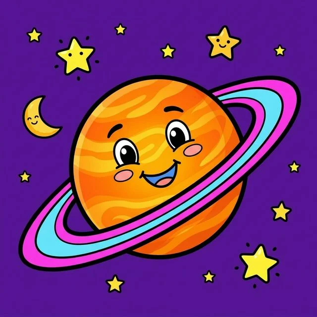 Large happy cartoon planet saturn with a cute smiling face and big rings floating among stars coloring page for kids