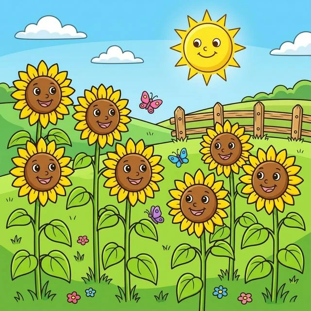 Beautiful field of tall sunflowers with happy faces and cute butterflies flying around coloring page for kids