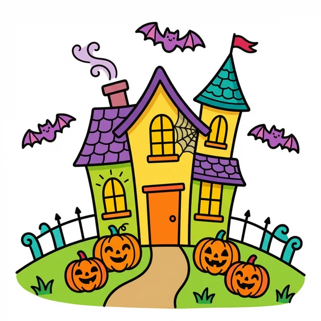 A haunted house with bats and pumpkins coloring page.