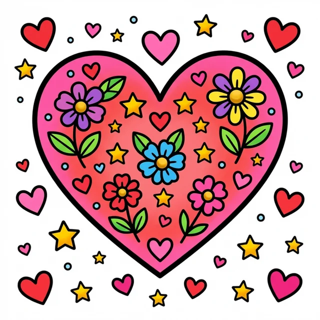 Heart shape decorated with flowers and stars coloring page for kids