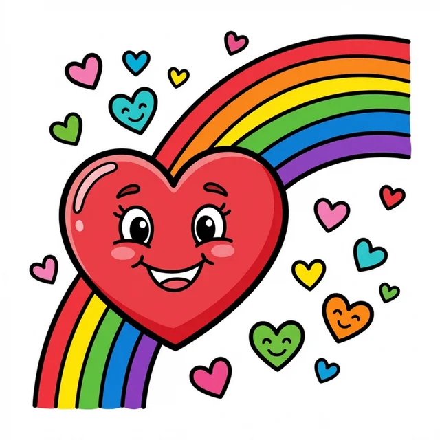 A big heart with a rainbow and floating hearts coloring page.