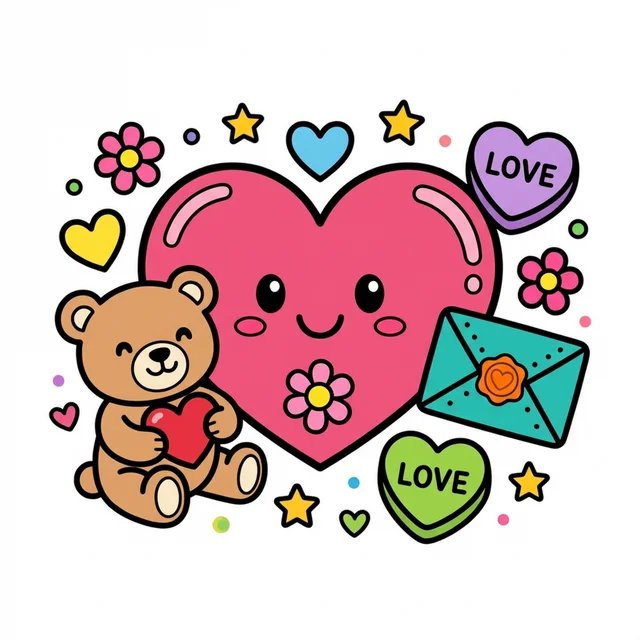 Heart shape with teddy bear and candy heart coloring page.