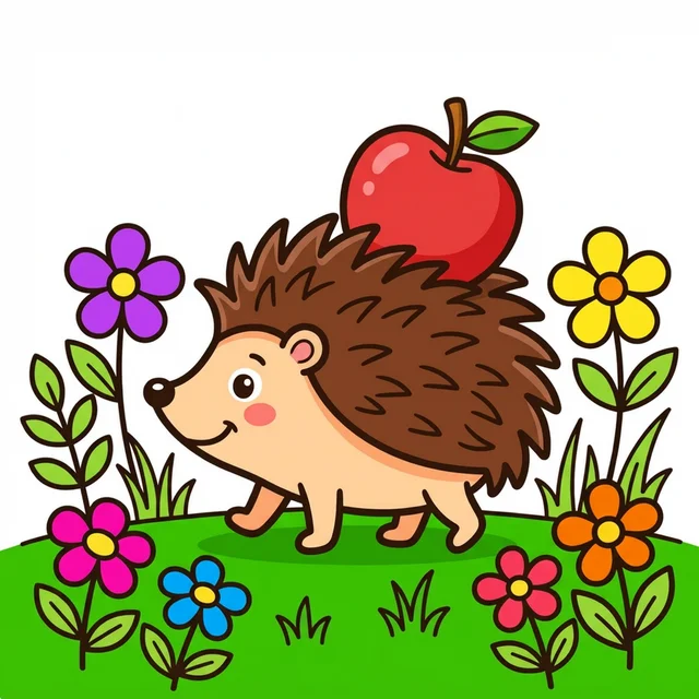 A hedgehog carrying an apple through flowers coloring page.
