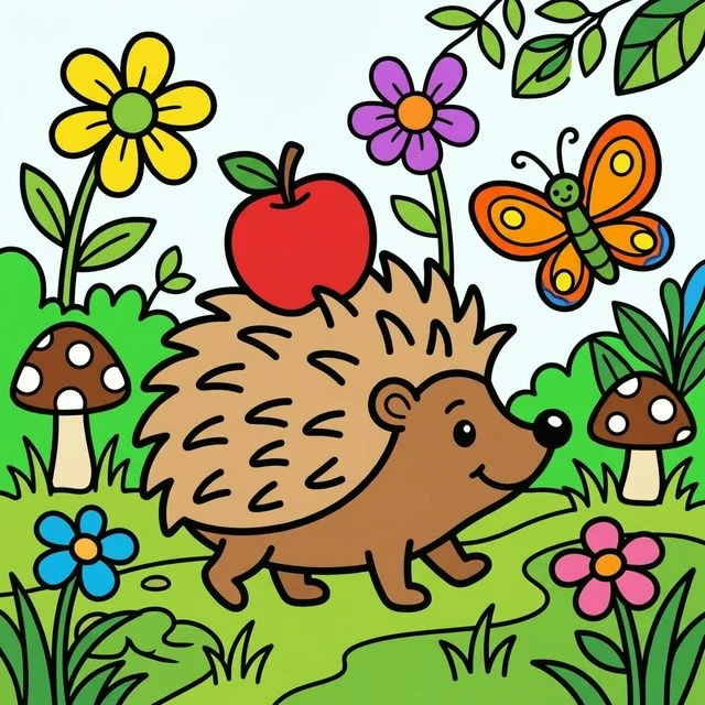Hedgehog carrying apple in garden coloring page for kids