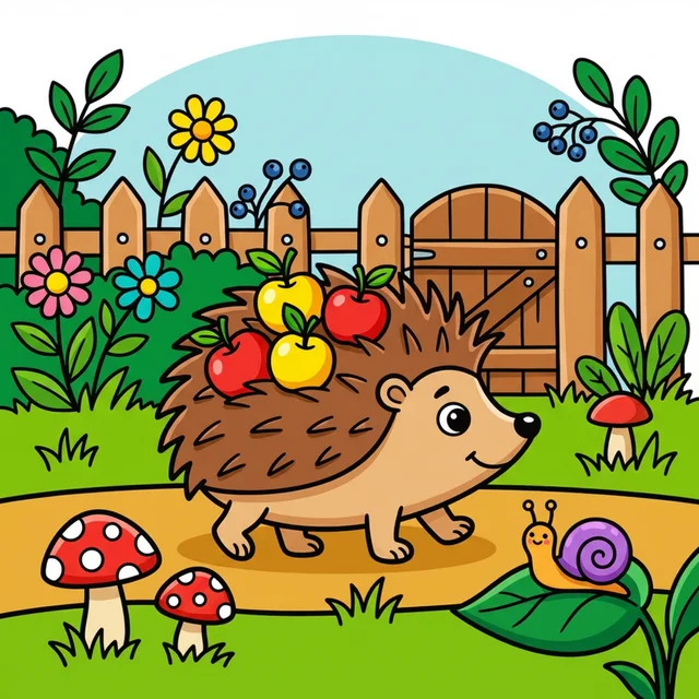 Hedgehog with apples on spines in garden coloring page