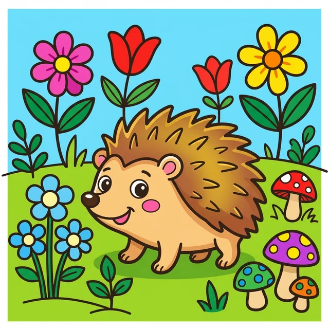 Hedgehog in garden coloring page for kids