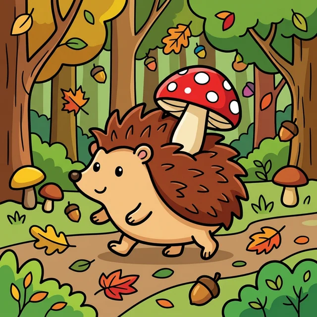 Cute hedgehog with mushrooms in forest coloring page