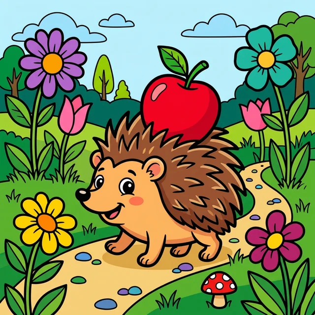 A cute hedgehog walking through a garden coloring page.