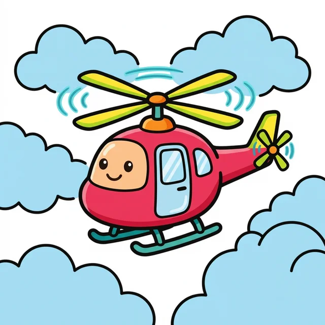 A helicopter flying through puffy clouds coloring page.
