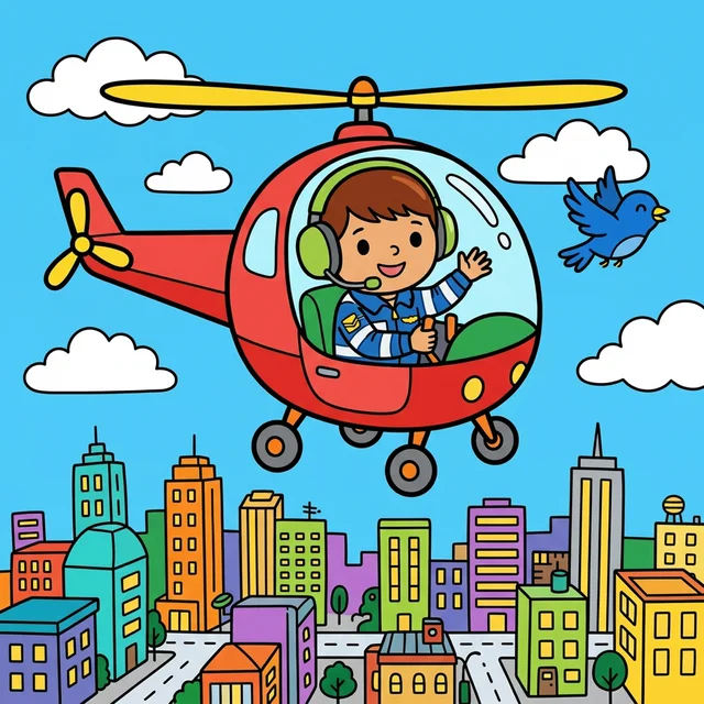 Kid pilot flying helicopter over city skyline coloring page