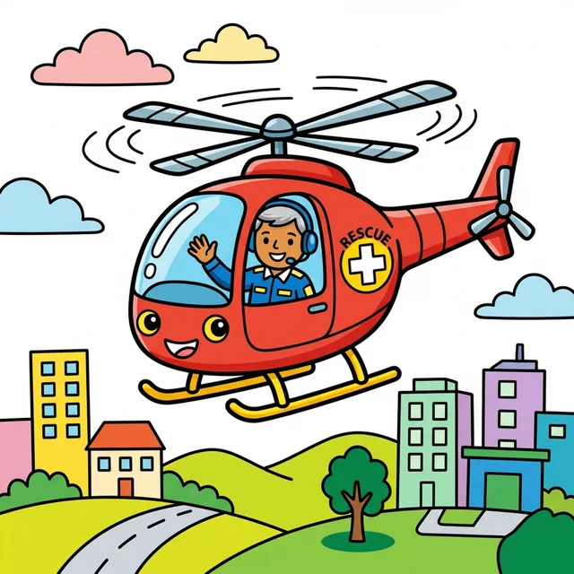 Rescue helicopter flying over city coloring page