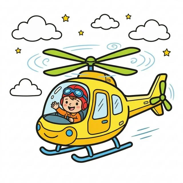 Helicopter flying with spinning rotor blades and pilot inside coloring page for kids — free printable