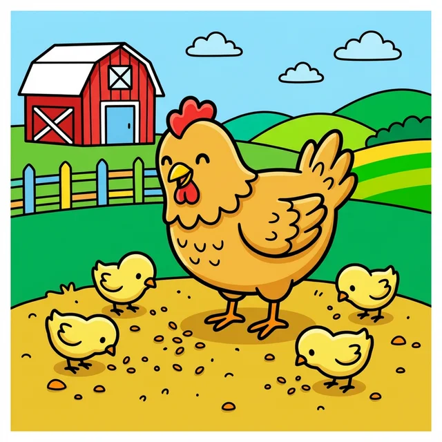 Mother hen with baby chicks pecking seeds coloring page for kids
